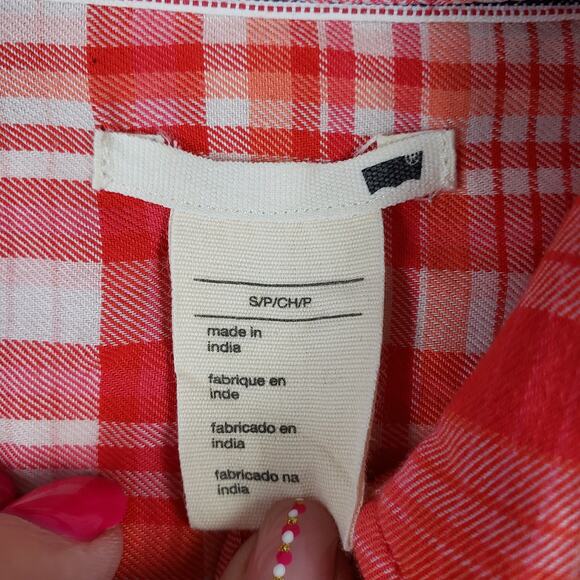 Levi's Women's Size S Pearl Snap Pocket Front Plaid‎ Shirt Red Orange Western - Picture 4 of 7